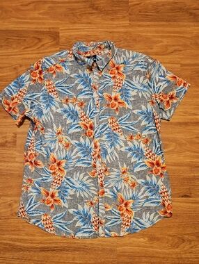 George XL Gray Short-Sleeve Floral Button-Down Shirt with Blue and Orange Print